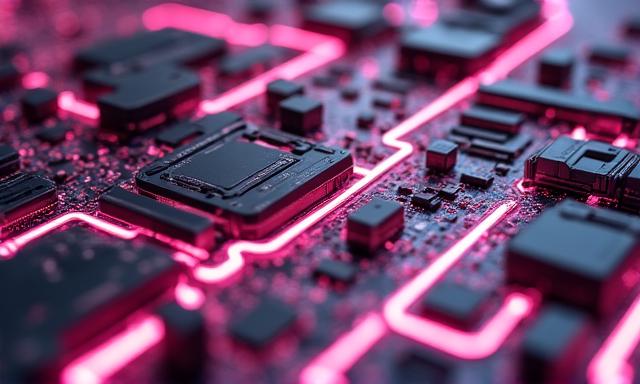 Close up of futuristic glowing circuitry